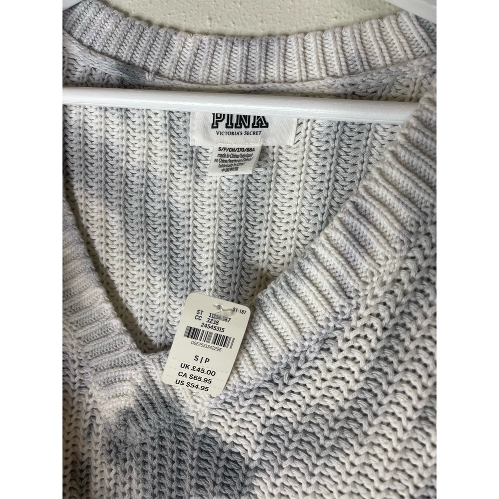NWT PINK Victoria’s Secret 100% Cotton Gray Tie Dye V-Neck Knit Sweater - Picture 4 of 6
